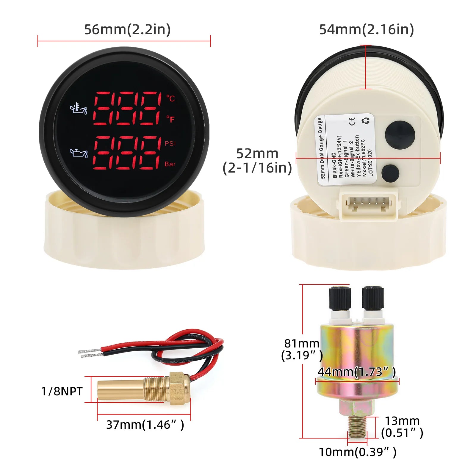 52MM 2 in 1 Digital Oil Temperature and Oil Pressure Gauge | Red LED Display for 12V lifestyle view