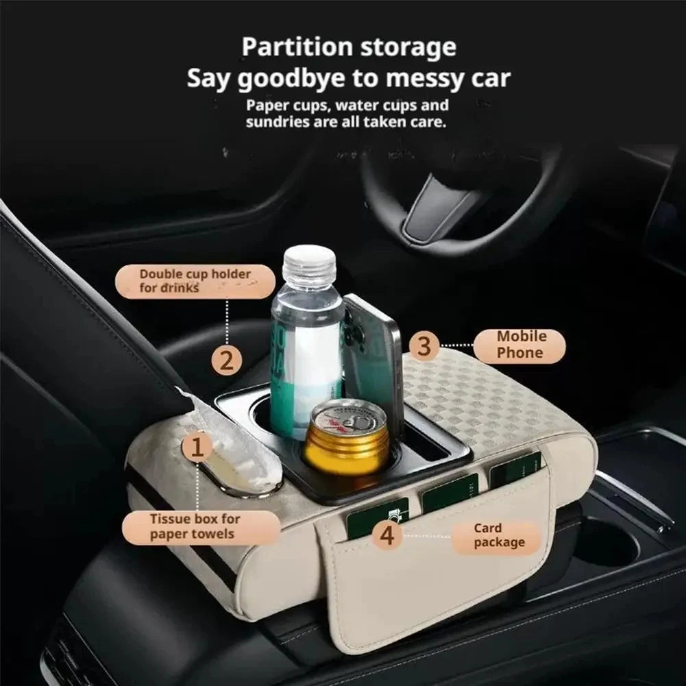 Car Center Console Height Increasing Armrest Cushion Multifunctional PU Leather Armrest Pad with Cup Holder Tissue Box Universal