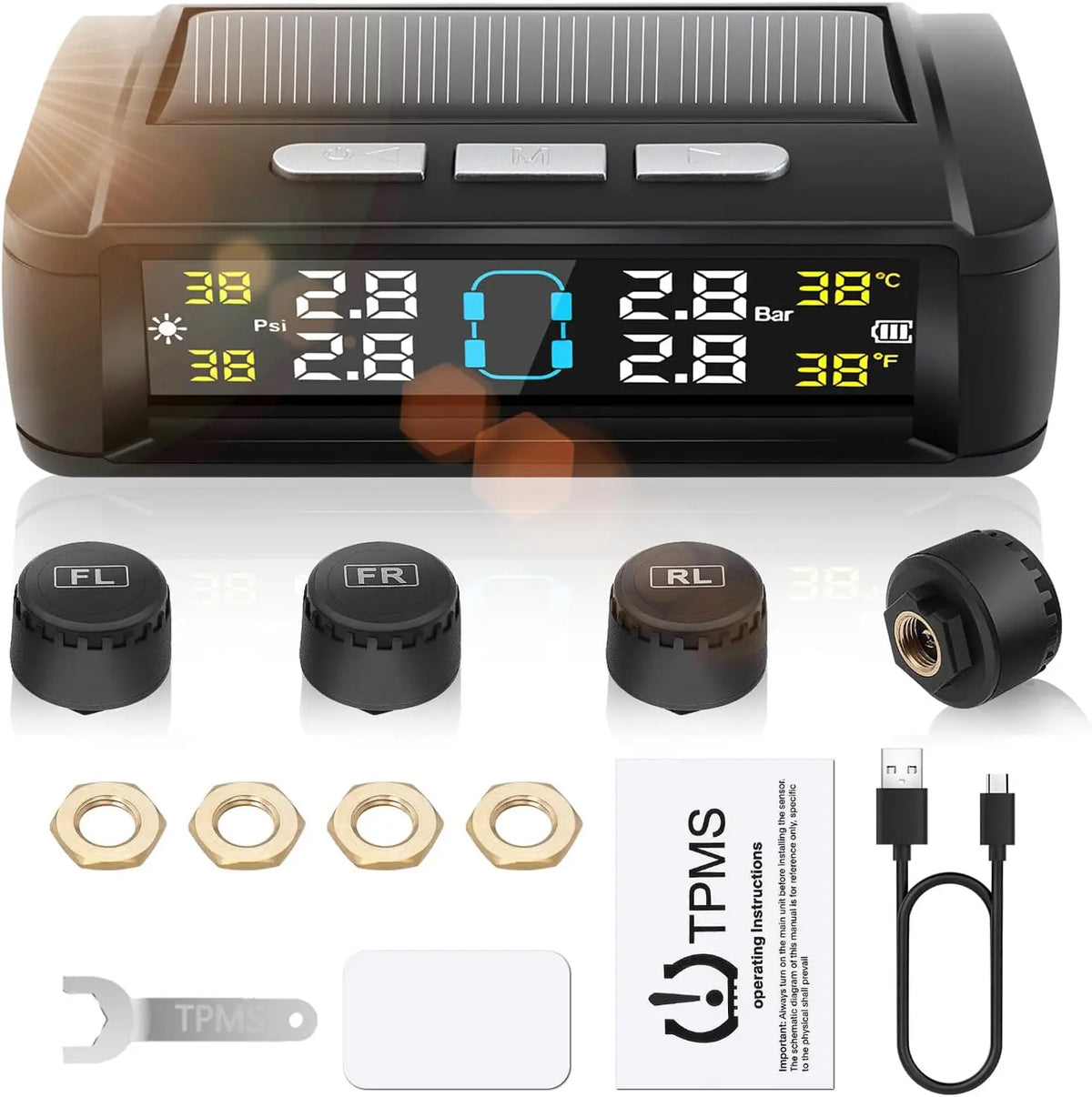 Tire Pressure Monitoring System, Universal Wireless TPMS with Solar And USB Charging, 5 Alarm Modes, Real-Time Monitoring of Pressure And Temperature, Auto And Color Display Screens, Suitable for 4-Wheeled Vehicles