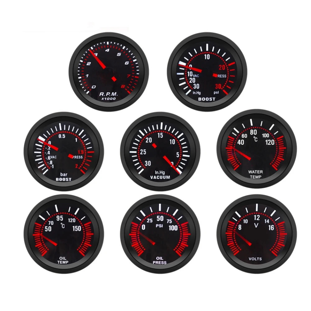 2″ 52mm 7-in-1 Car Gauge Set with Smoke Lens | Tachometer, Boost, Vacuum, Temp, Oil Pressure, Voltme