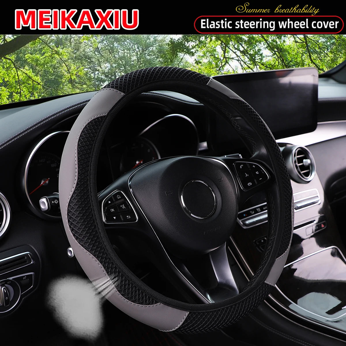 Women's PU Leather Breathable Steering Wheel Cover Car Accessory Suitable for 14.5- additional angle