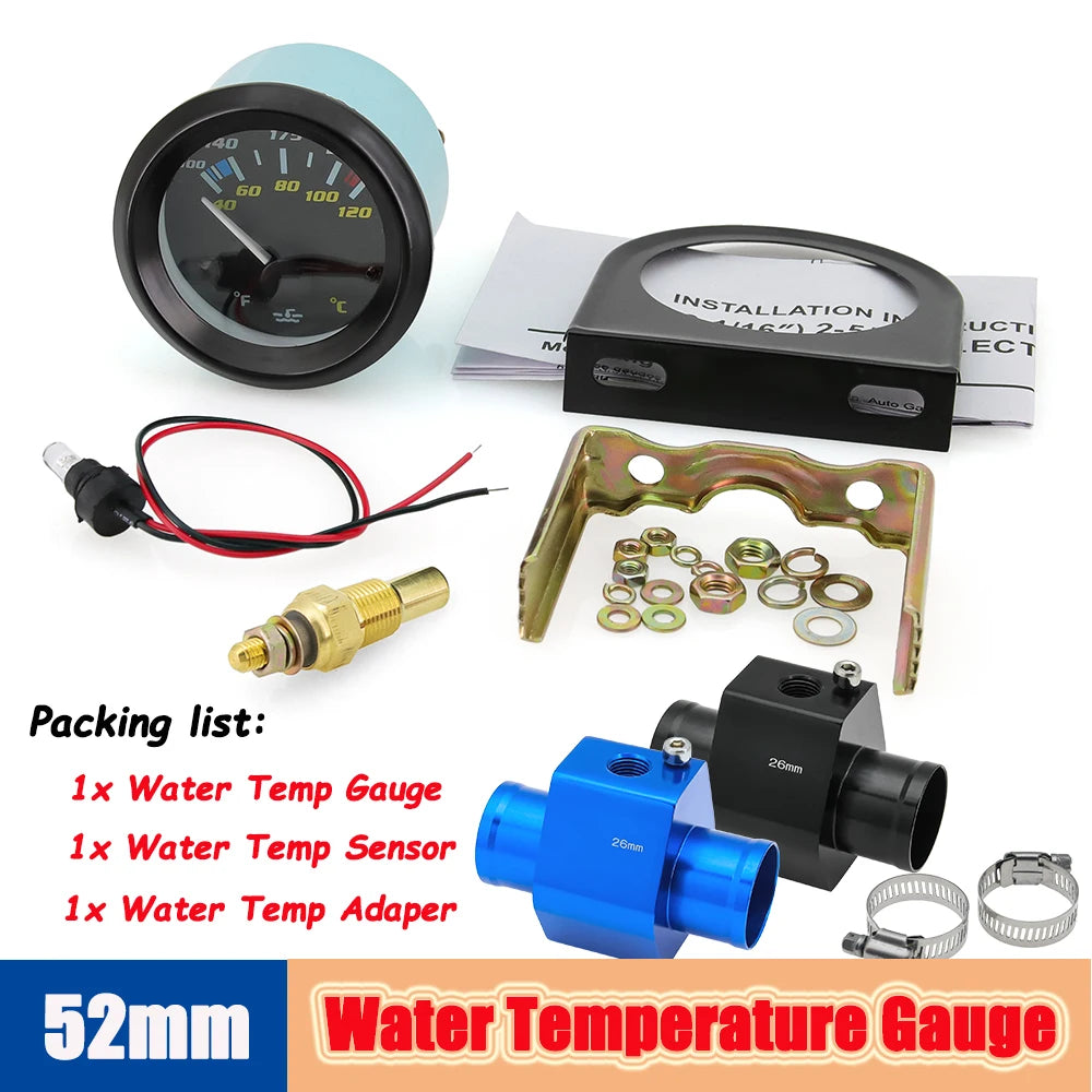 52mm Digital Water Temp Gauge 40-120℃/100-250℉ | Dual Unit Auto Temperature Monitor for Gas Vehicles