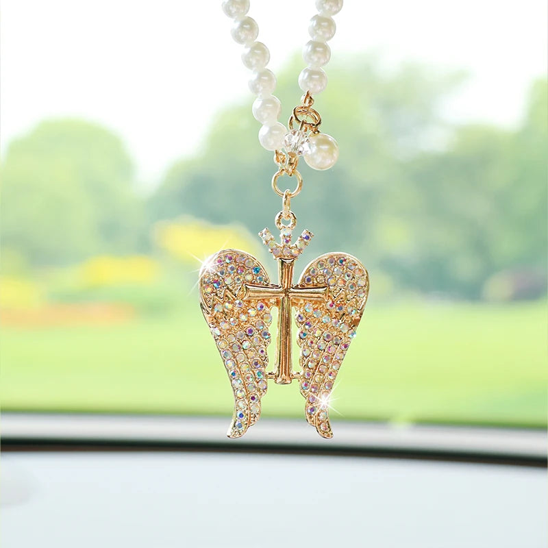 Creative Cute Diamond-Studded Crown Angel Car Pendant Exquisite Angel Wings Car Rearview Mirror Pendant Car Hanging Decoration