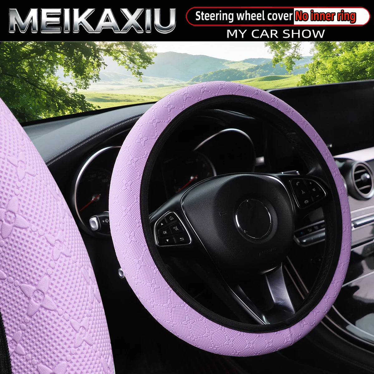 Women's Star-Embossed 3D PU Leather Car Steering Wheel Cover Rimless Auto Accessory Compatible with