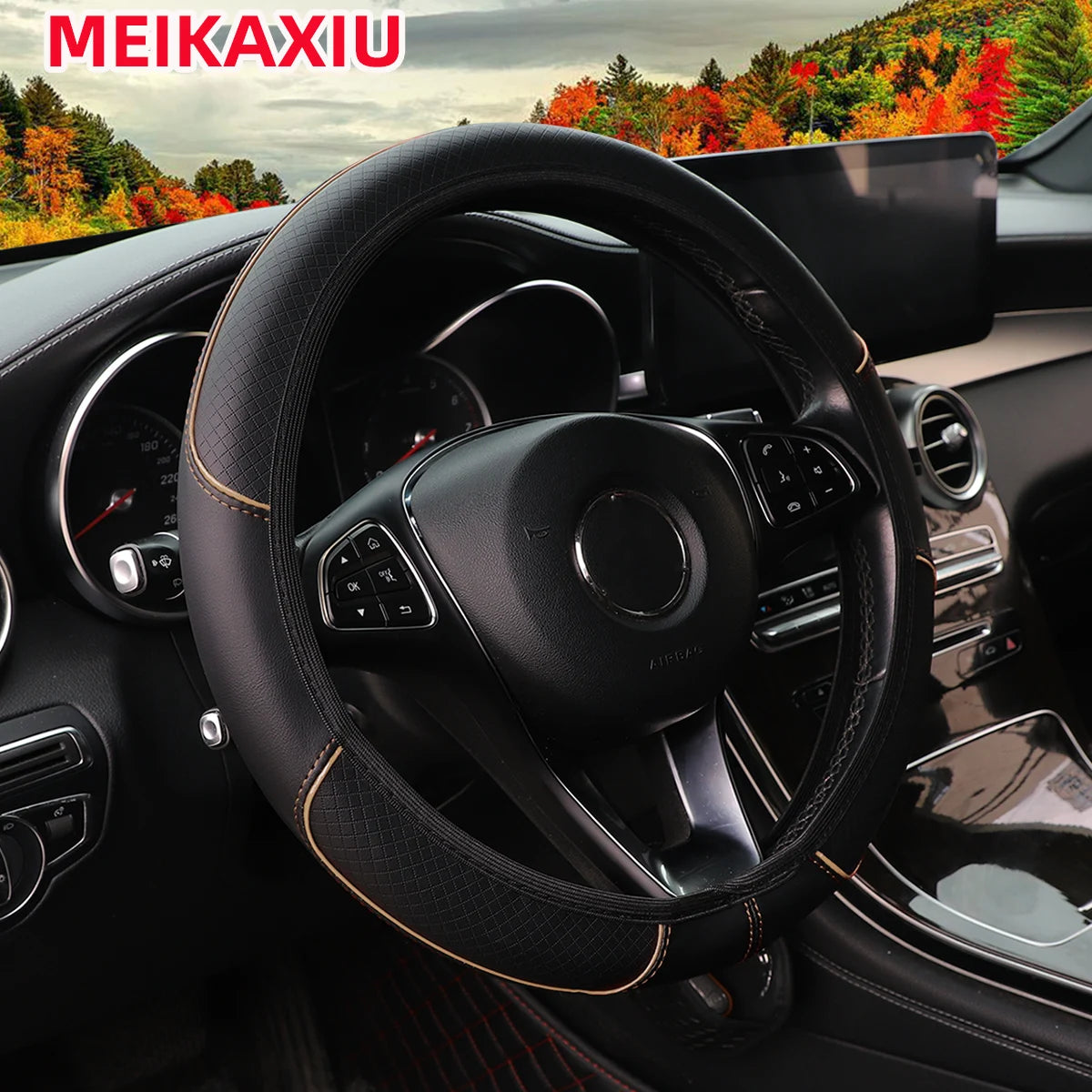 PU Check-Pattern Embossed Leather Trim for Car Non-Ring Steering Wheel Cover for Ca additional angle