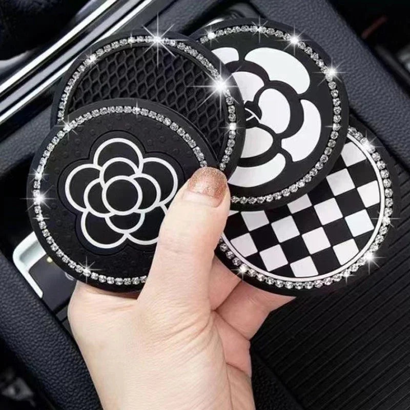 2PCS of Diamond Car Coasters, Tea Flower Car Cup Holders, Silicone Anti Slip Coasters, General Motor