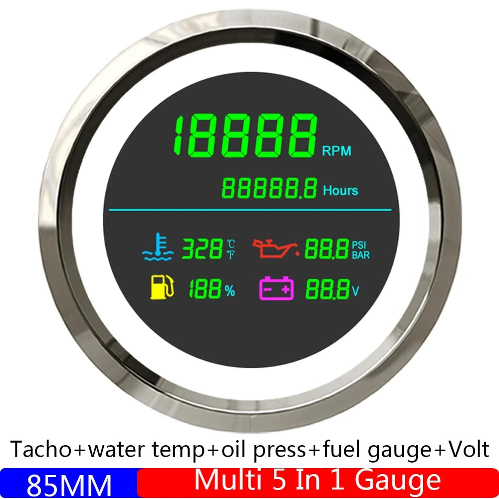 Multi 85mm 6-in-1 Tachometer Gauge Set | Fuel Level, Water Temp, Oil Pressure, Voltmeter detail view
