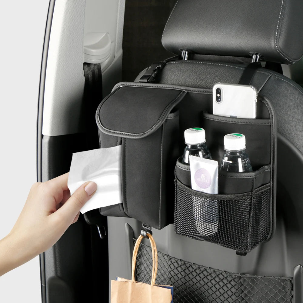 Car Backseat Organizer with Tissue Box – Multi-Pocket PU Leather Hanging Storage for U close-up view
