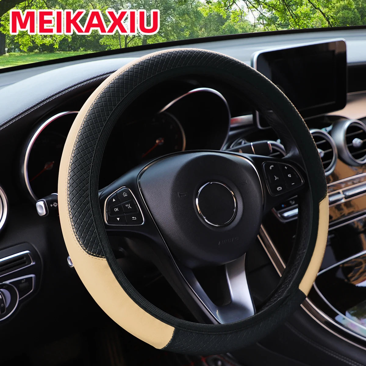 PU leather checkered embossed multi-color car rimless steering wheel cover suitable fo close-up view
