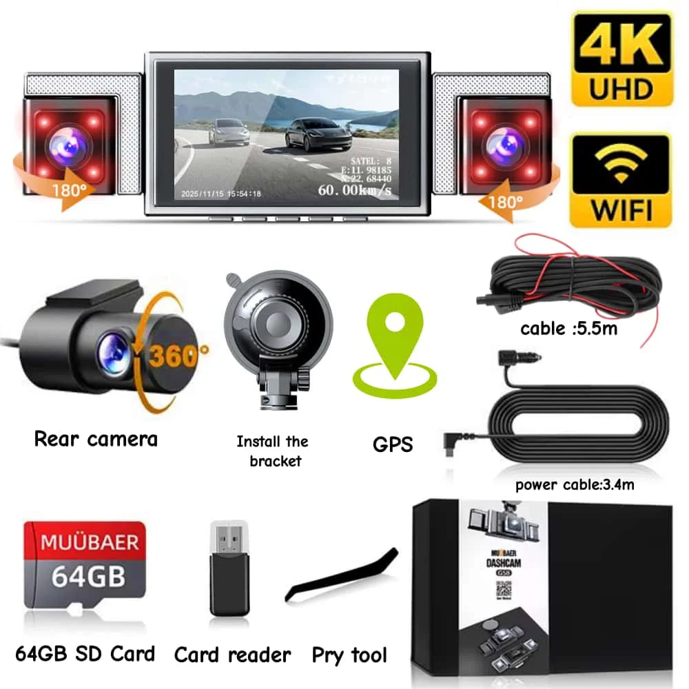 4K 360° 4-Channel Dash Cam with 5.8GHz WiFi & GPS | 4K Front+1080P Left/Right/Rear, 3" IPS Screen, Night Vision, Loop Recording