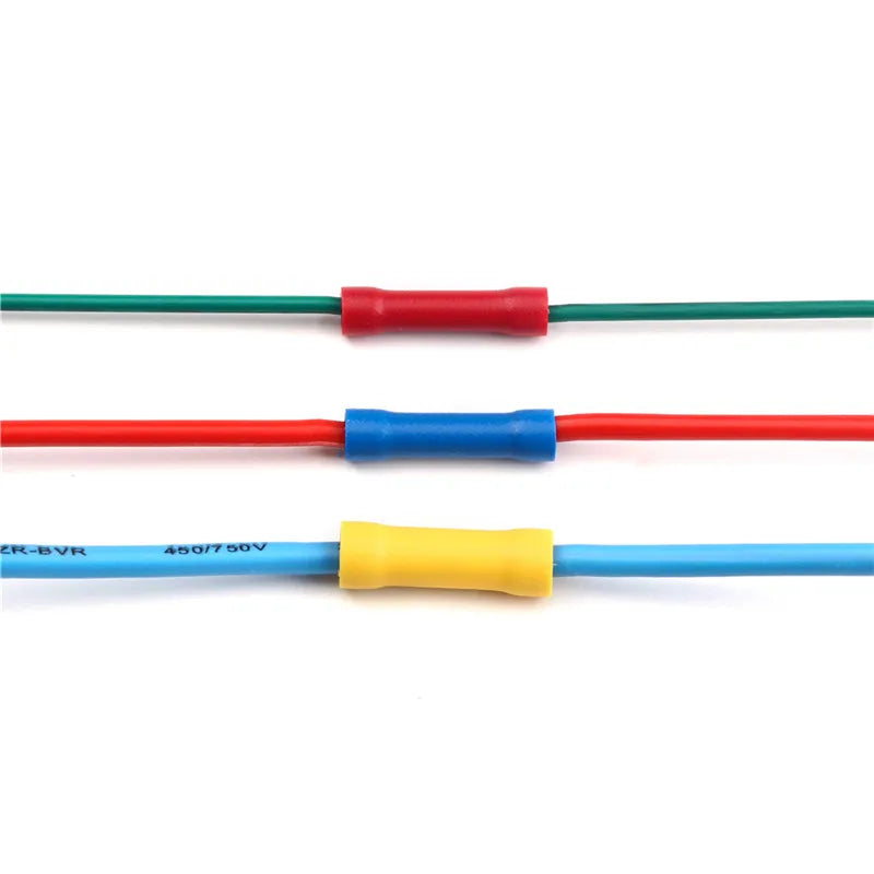 50/100/200pcs BV1.25 BV2.5 BV5.5 Insulated Straight Wire Butt Connector Electrical Cop close-up view