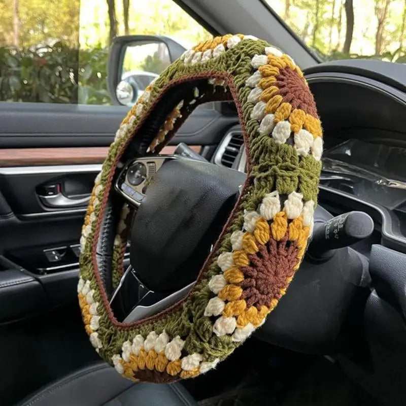 Universal Crochet Sunflower Car Steering Wheel Cover 35-38cm Anti-Slip Auto Handmade Wheel Cover With Seat Belt Cover Set