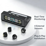 TPMS Tire Pressure Monitoring System Car Safety Alarm System Wireless Solar&USB Powered 4 Sensors with Color Digital Display