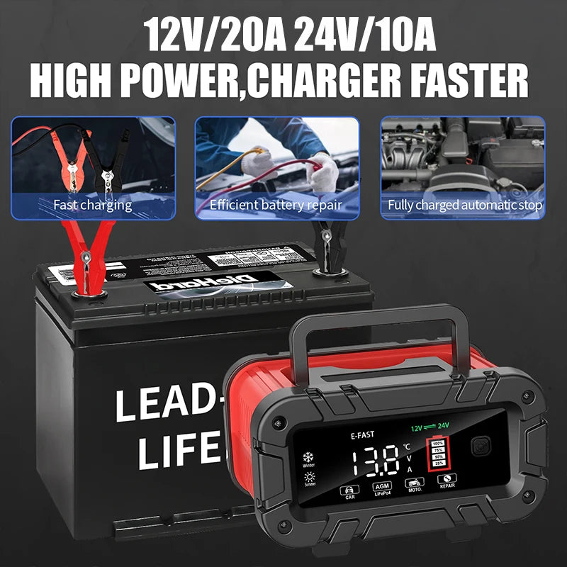 20A Battery Charger 12V/24V Smart Auto Charger for Car Truck Boat RV Lifepo4