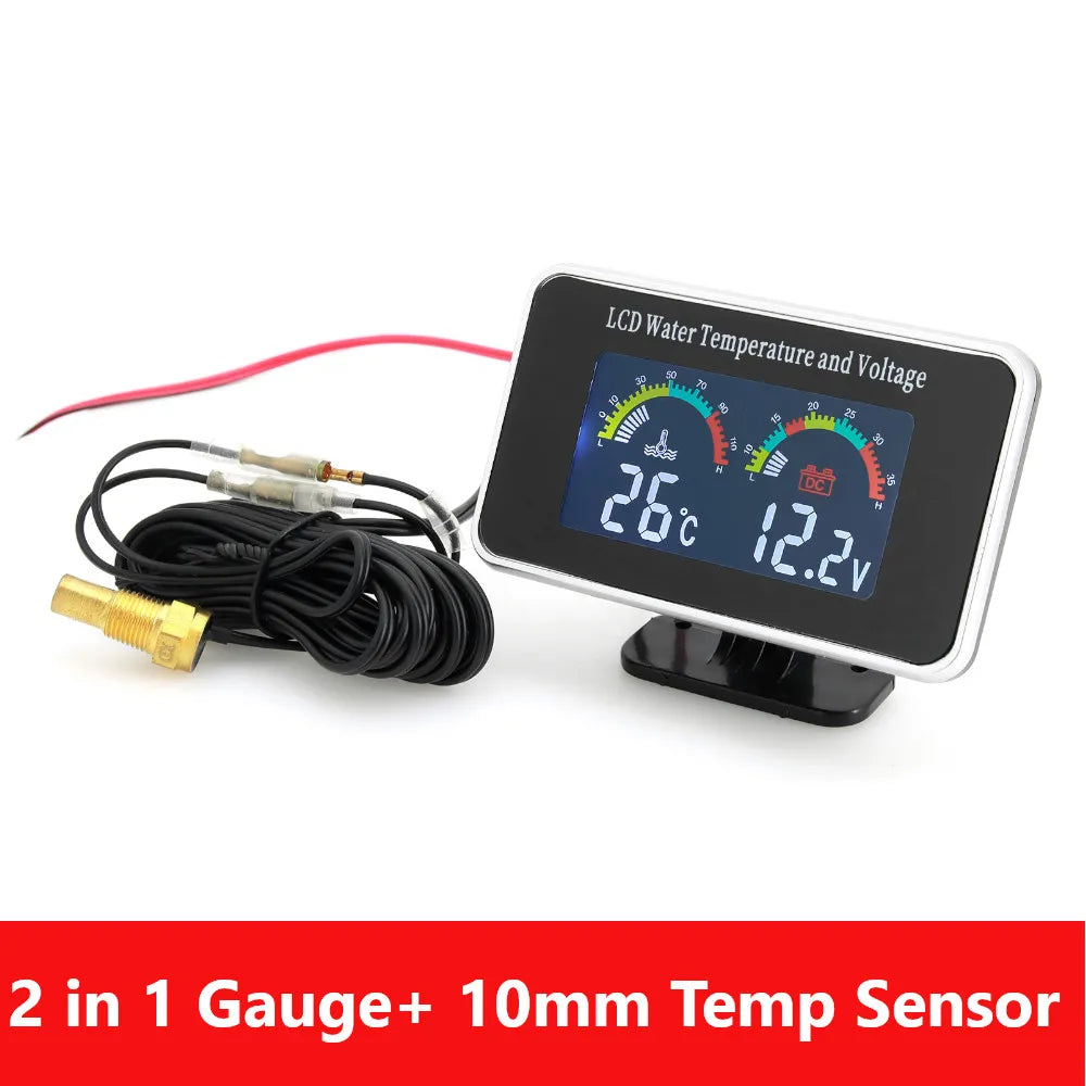 HD Car LCD Water Temperature Meter Thermometer Voltmeter Gauge 2in1 Temp&Voltage Meter 10mm Sensor 26~40mm Adapter(Option)12V/24