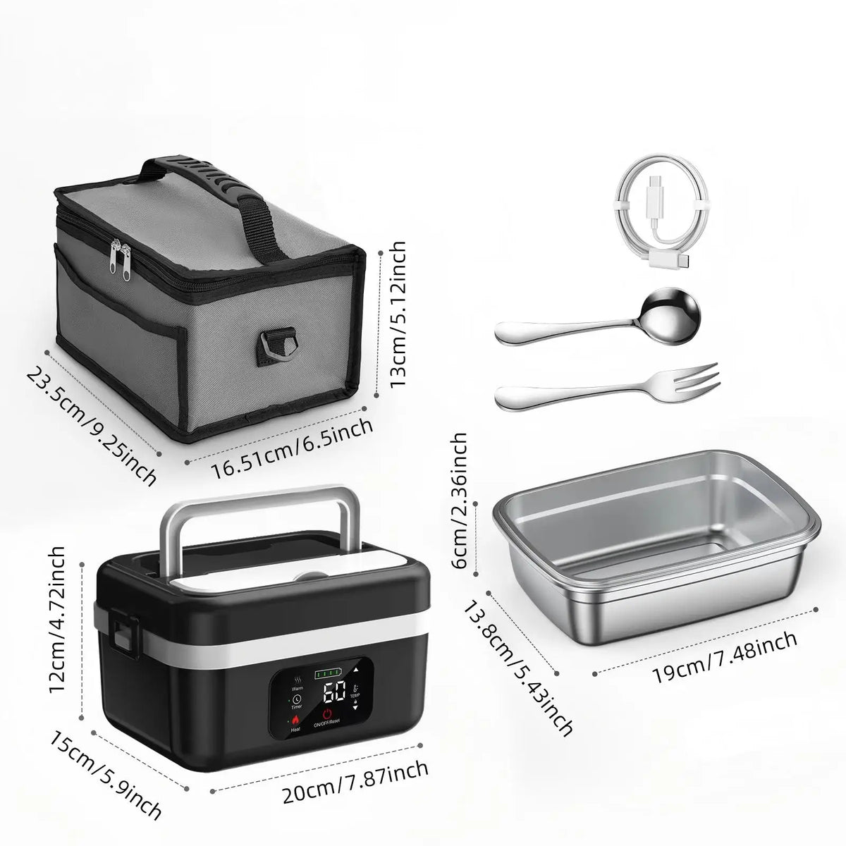 8000mAh Cordless Electric Lunch Box Portable Food Heater for Car Truck Driver 304 Stainless Steel Heated Bento Box for Outdoor Work