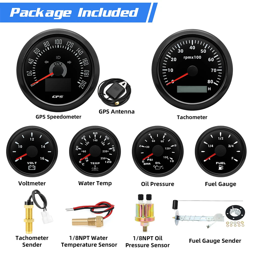 6pcs Gauge Set 160MPH 200km/h GPS Speedometer Tachometer Water Temp Fuel Voltmeter additional angle