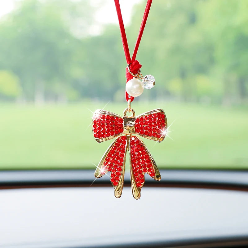 Fashion Diamond-Encrusted Bowtie Car Rearview Mirror Pendant Creative Bow Tie Car Accessory Pendant Decoration