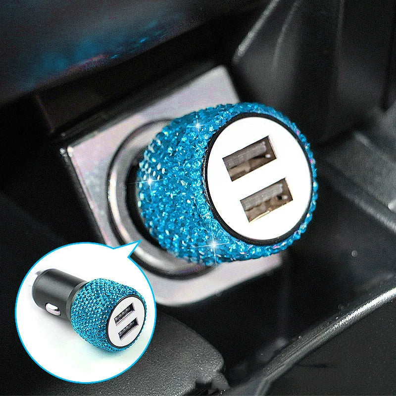 New Bling USB Car Charger 5V 2.1A Dual Port Fast Adapter Pink Car Decor Car Styling additional angle