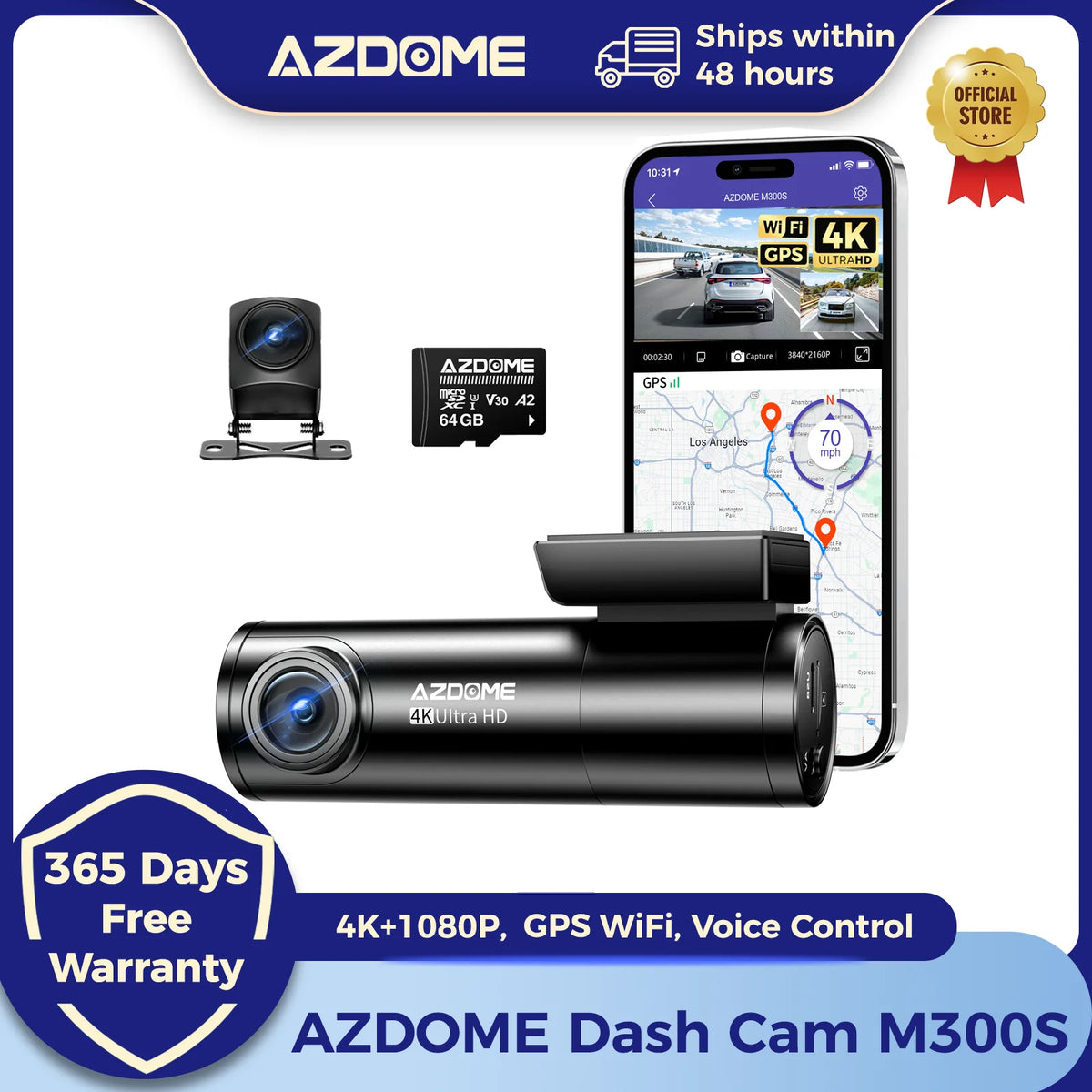 AZDOME M300S Dash Cam 4K+1080P Car Rear Camera Dash Cam 800MP Lens Built-in GPS WIFI Car DVR Voice Control Night Vision 후방카메