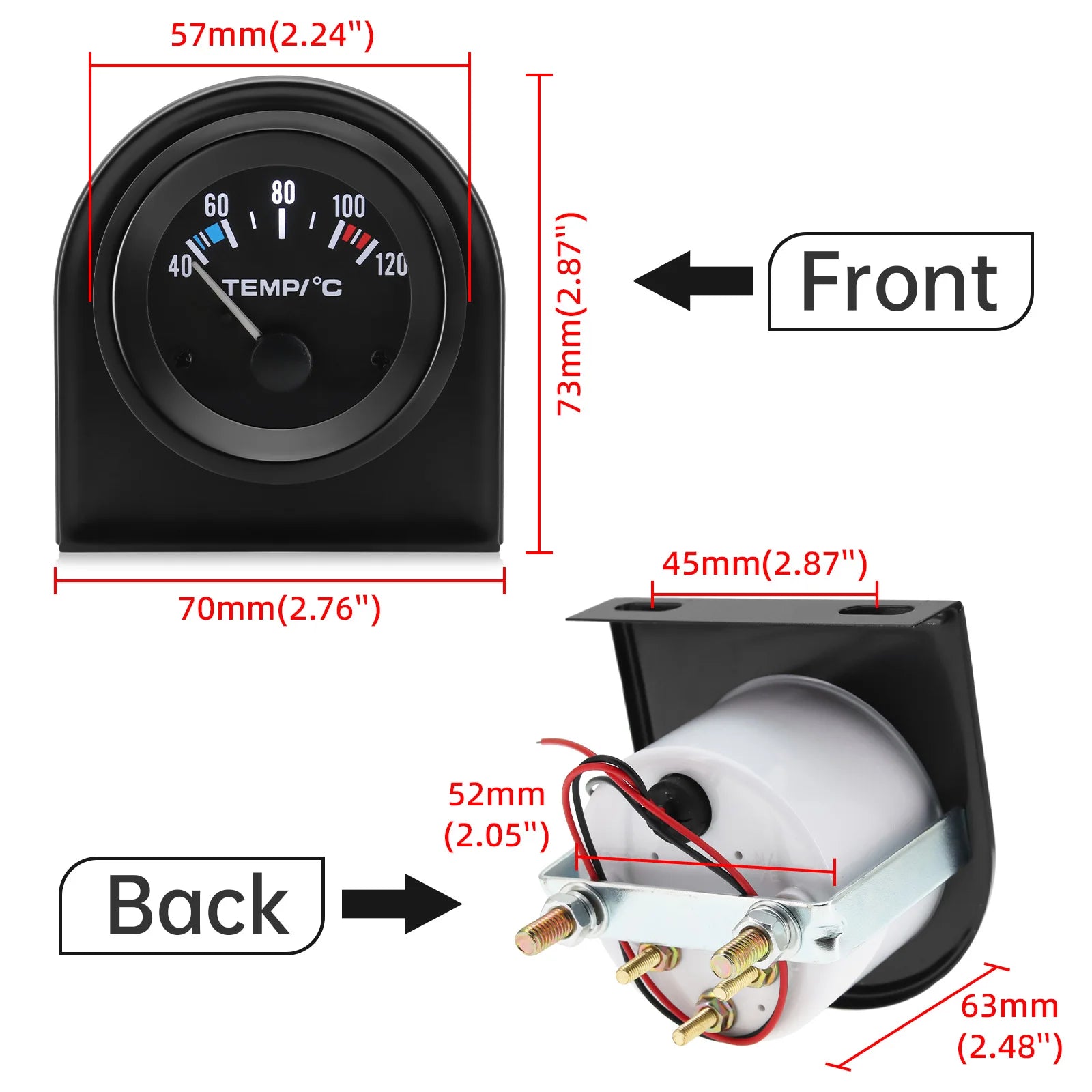 2" 52mm Water Temp Gauge 40-120 Celsius | 12V Car Temperature Meter with Sensor additional angle