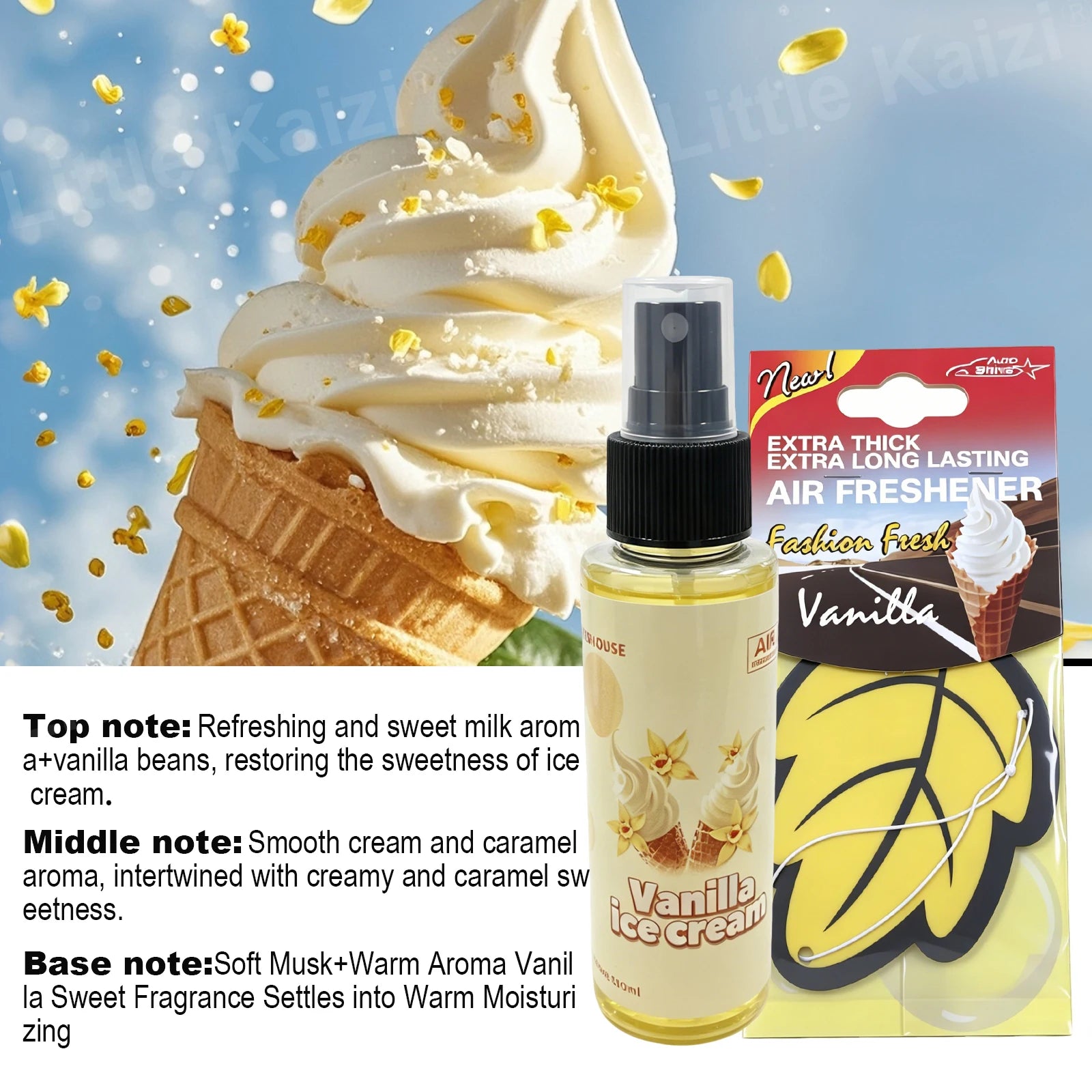 1+5 Vanilla Ice Cream Scent Air Freshener Bundle - 1 Spray + 5 Hanging Car Air Freshener Leaves, Odor Eliminator for Vehicle