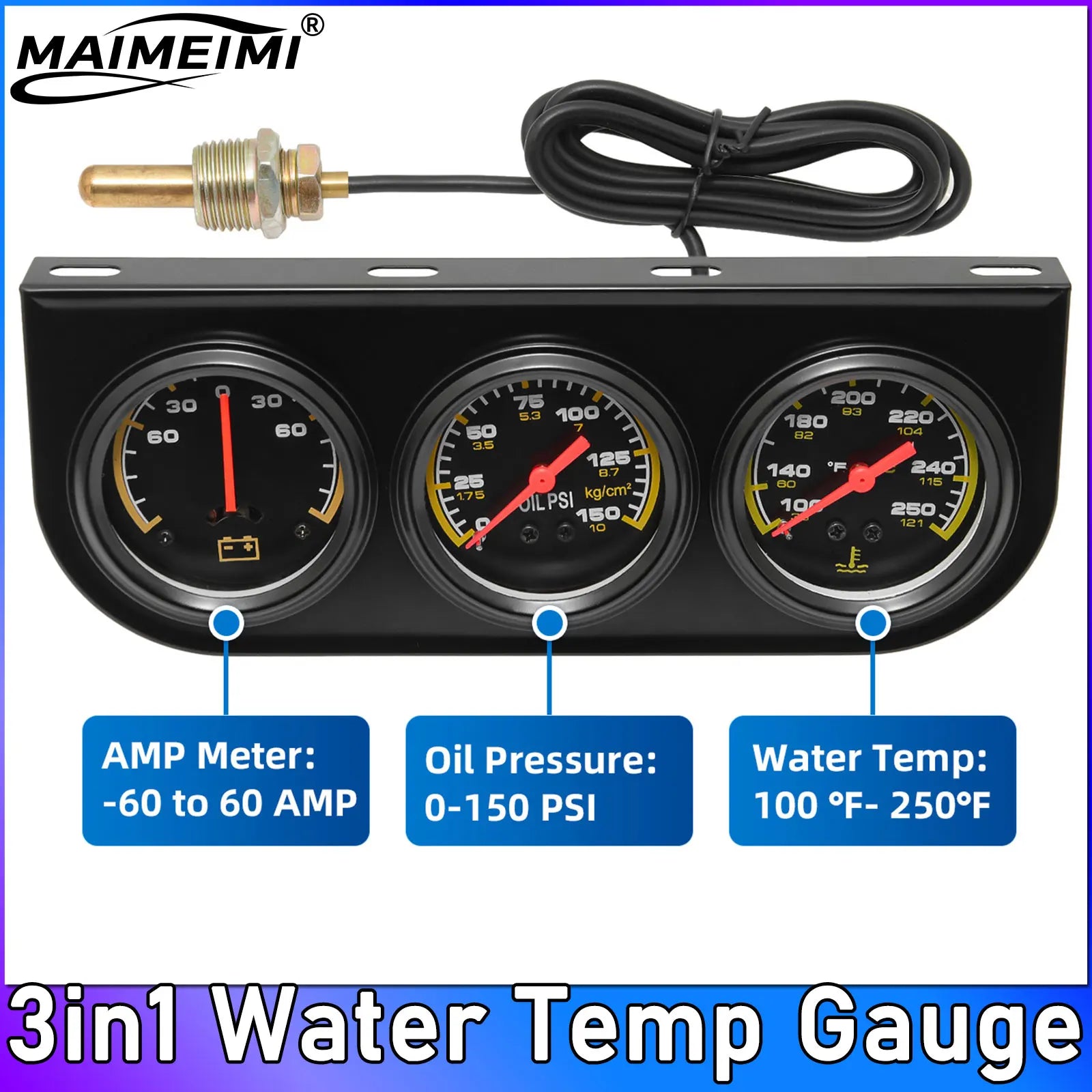 3in1 Car Triple Gauge Kit | 52MM Water Temp, Oil Pressure, and Amp Volt Meter for 12V Vehicles