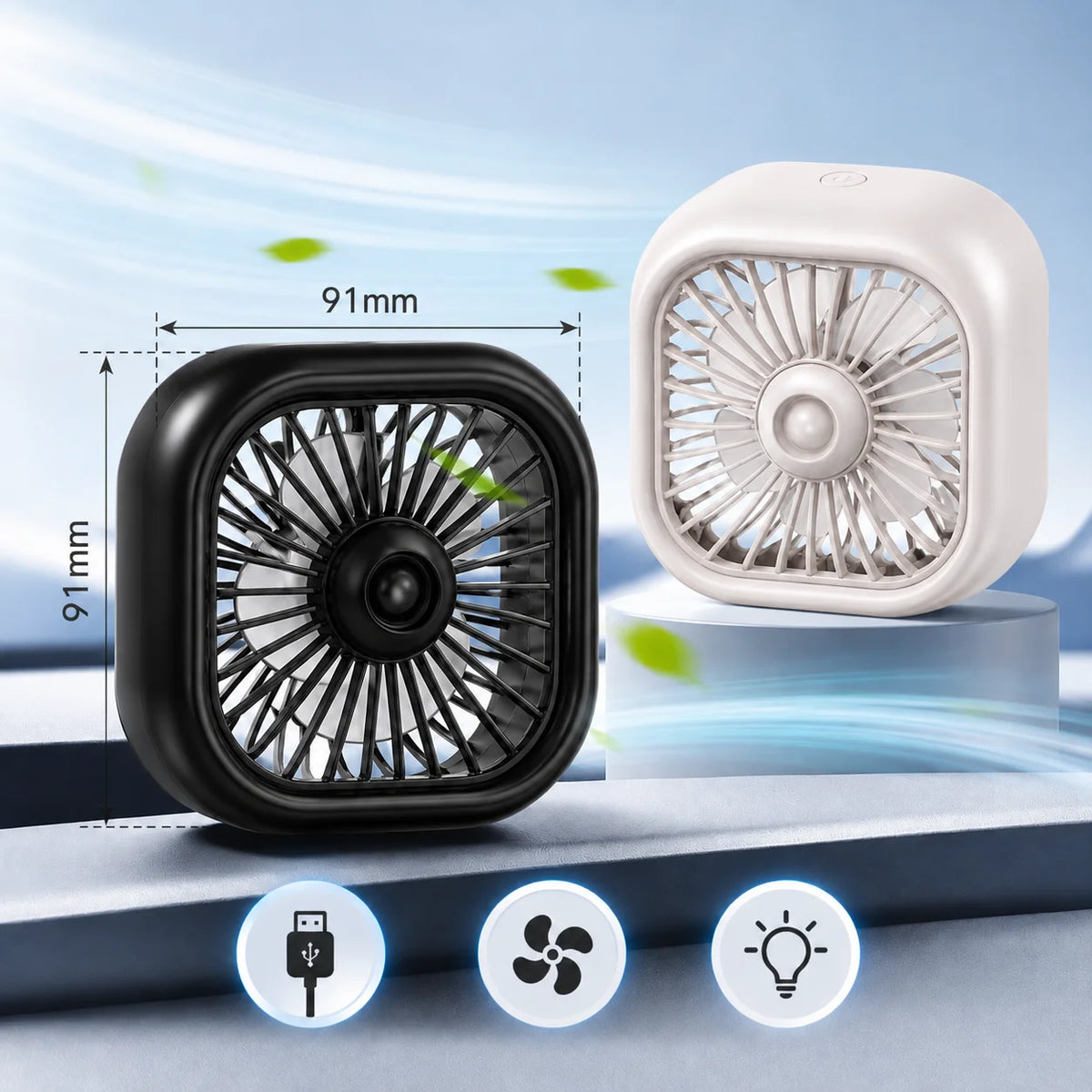 Summer New Mini USB Car Fan, 3 Speed Adjustable, Air Vent Mount with Colorful Light, lifestyle view