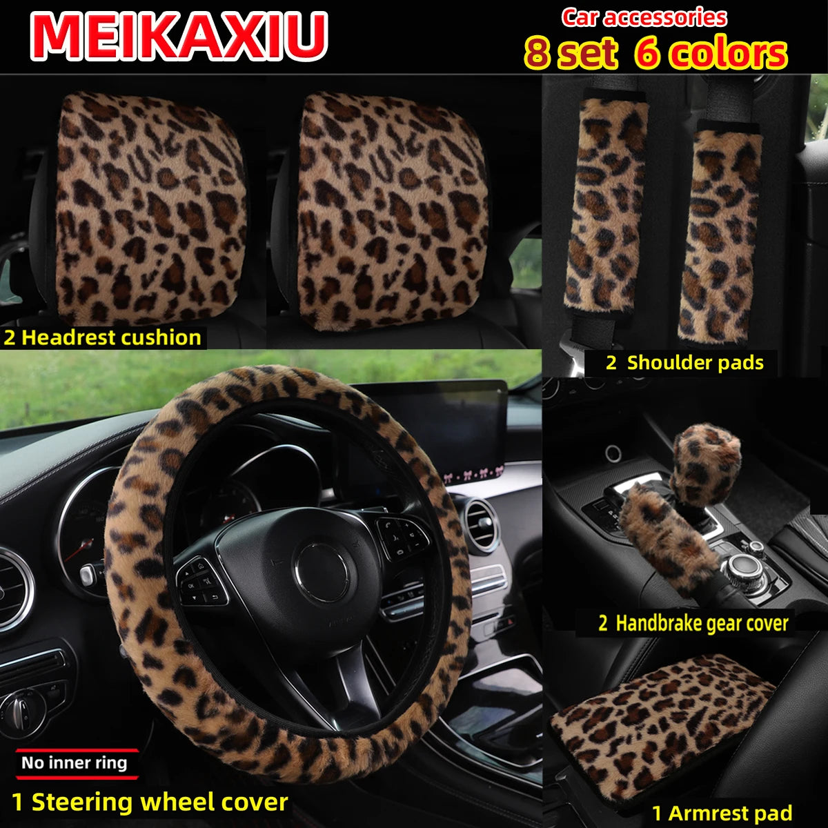 8 Set leopard print plush car rimless steering wheel cover, gear shift cover, shoul additional angle