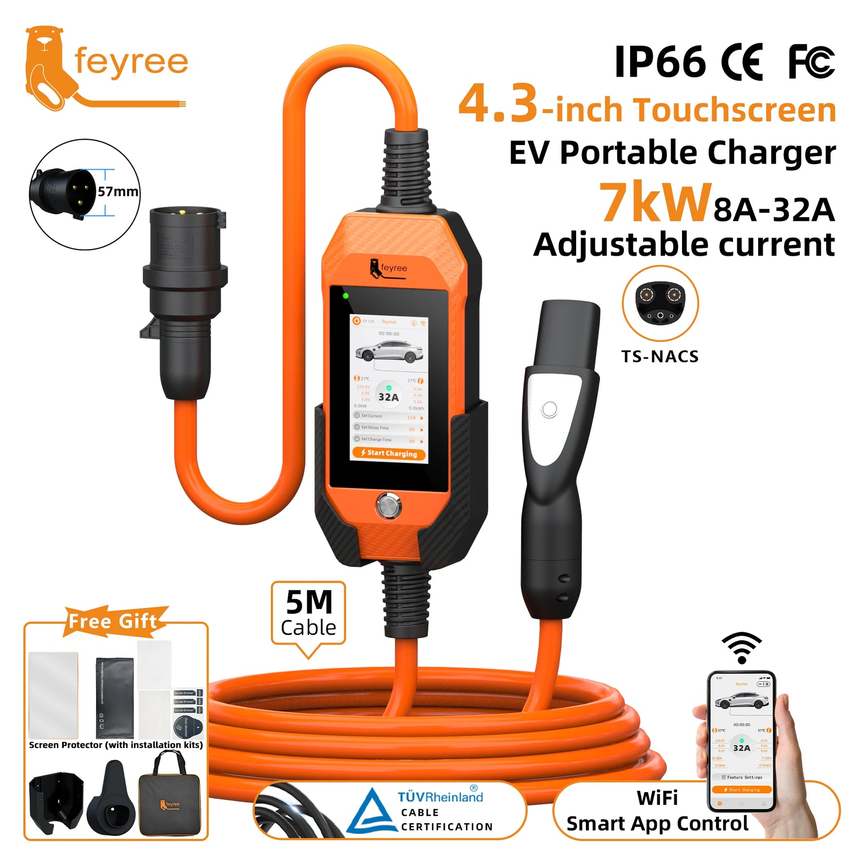 feyree 4.3 Inch Touch Screen Portable EV Charger | 7kW 32A Smart WiFi for Tesla close-up view