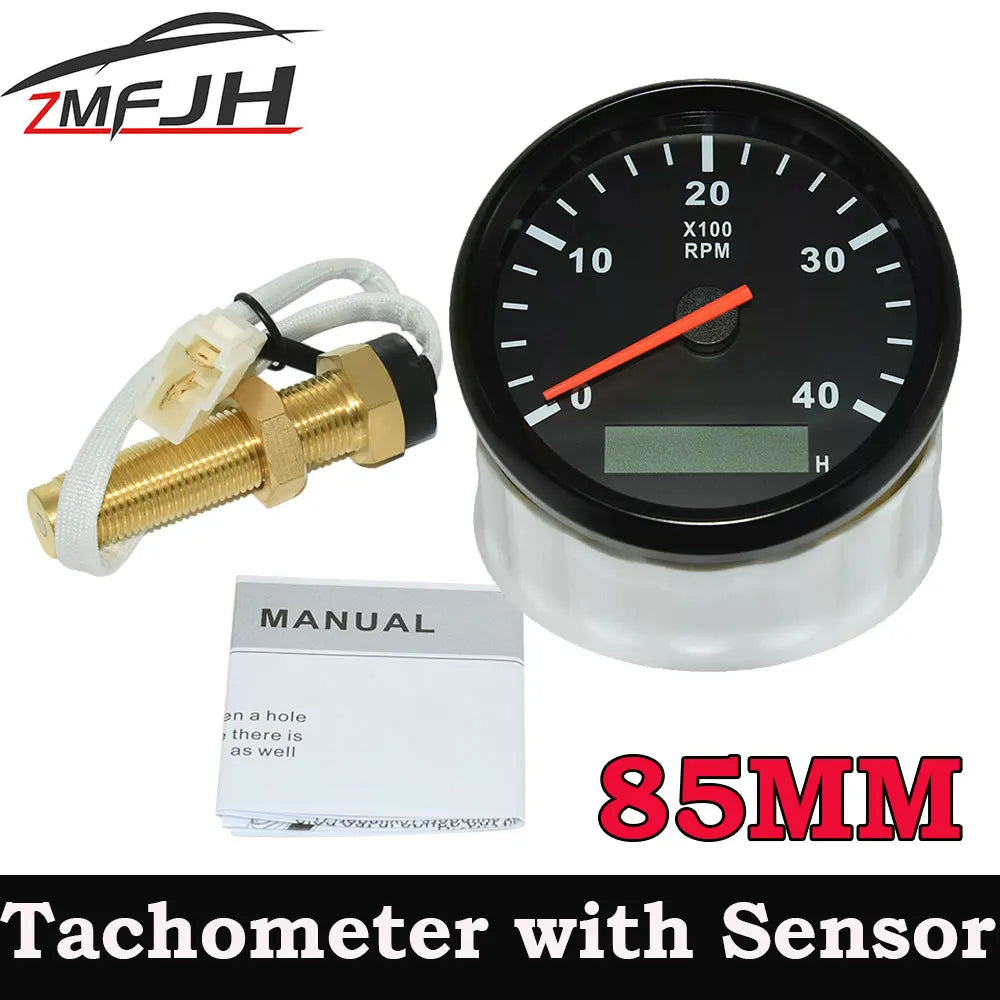 85mm Diesel Engine Tachometer 0-4000RPM | Digital LCD Hour Meter with M16/M18 RPM Sensor