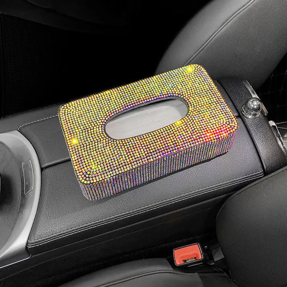 Rhinestone Genuine Leather Car Tissue Box Holder