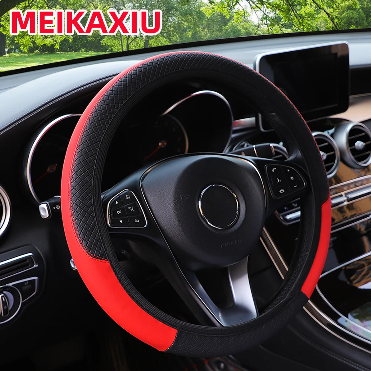 PU leather checkered embossed multi-color car rimless steering wheel cover suitable f lifestyle view