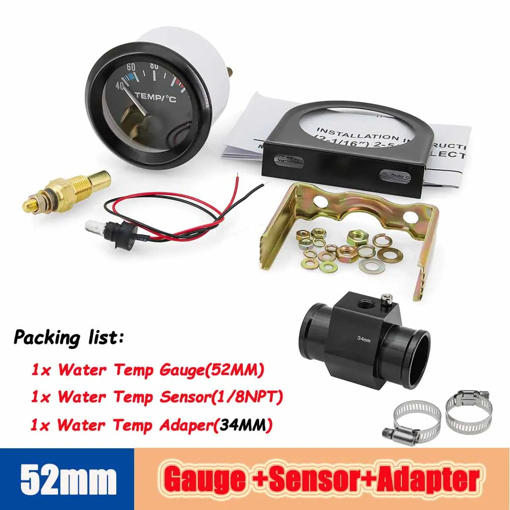 40-120 Celsius Car 52mm Water Temperature Gauge with Adaptor Joint Pipe | Racing 12V R close-up view