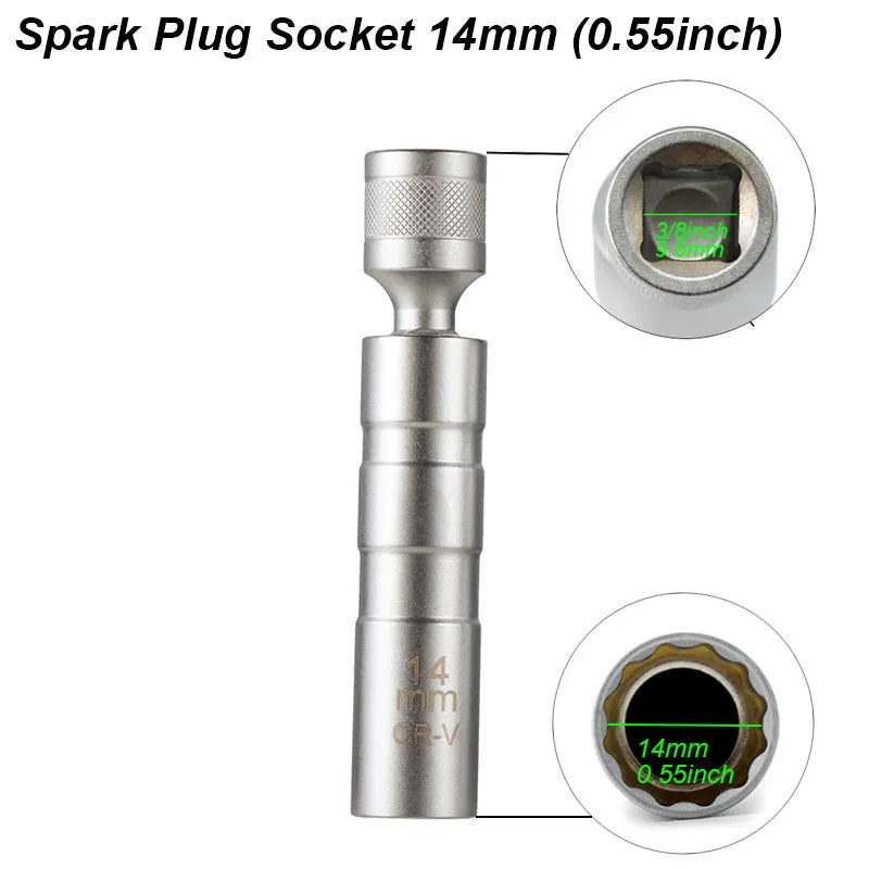 Spark Plug Socket Wrench Adapter 14mm 16mm Install Replace Repair Kit Swivel Torque Magn detail view