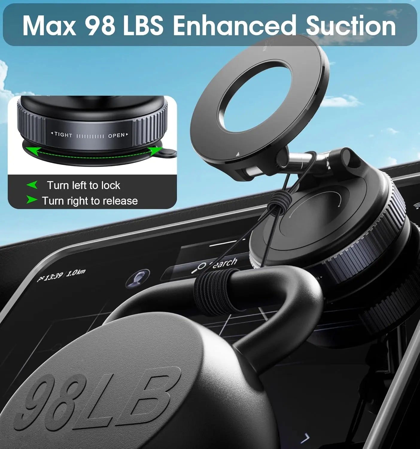 Strong Magnetic Car Phone Holder | Foldable 360 Vacuum Suction Mount detail view