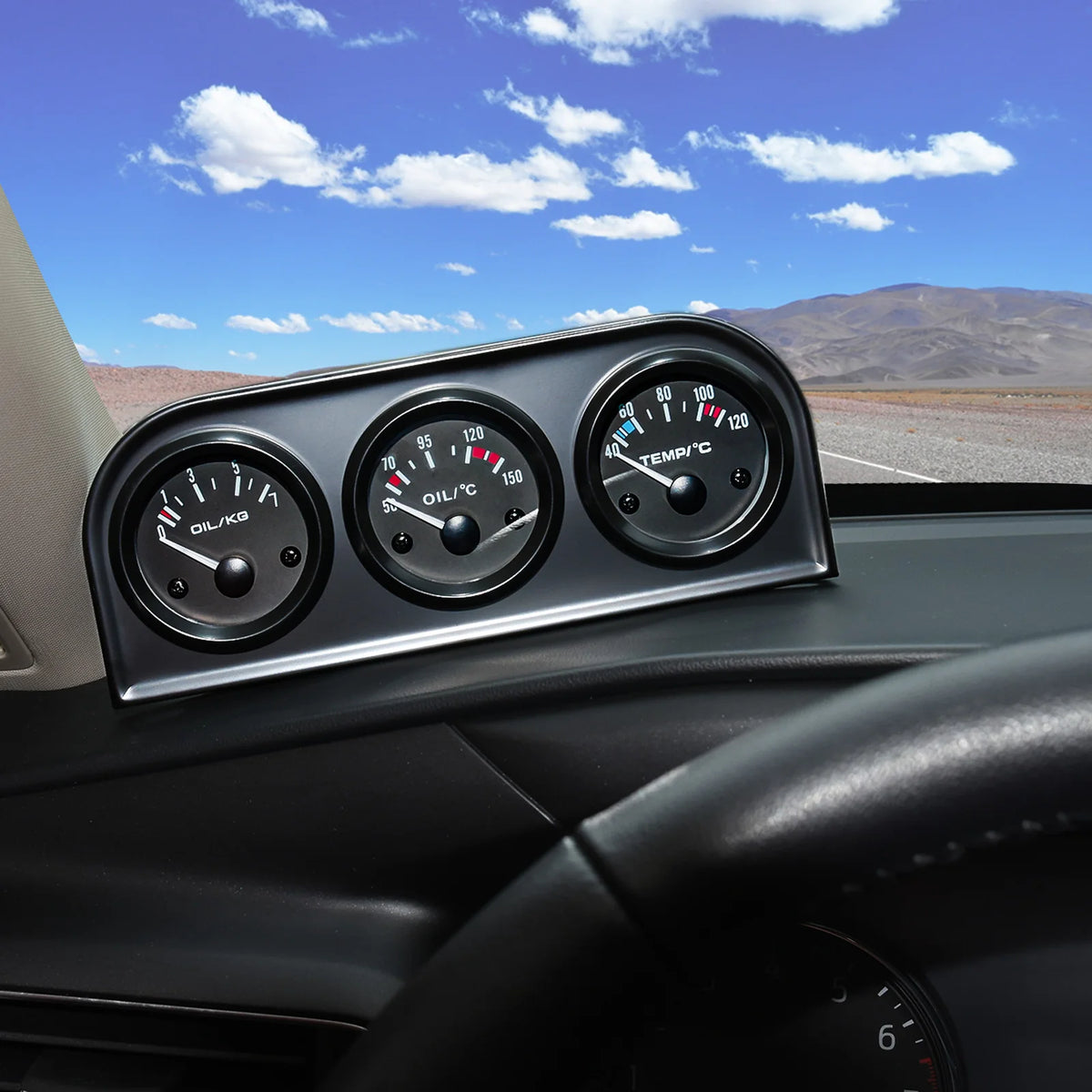 52mm Triple Gauge Kit 3 in 1 | Car Water Temp, Oil Pressure & Voltage Meter additional angle