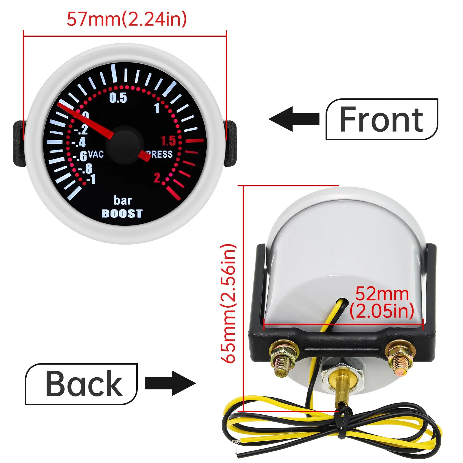 2026 Auto Car White LED Smoke Lens Boost Turbo Meter BAR -1~2 BAR 2" 52mm Boost Gauge with Sensor for Petrol Racing Car 12V