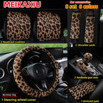 8 set fur leopard print car steering wheel cover, shoulder cover, gear shift cover, armrest pad, hea