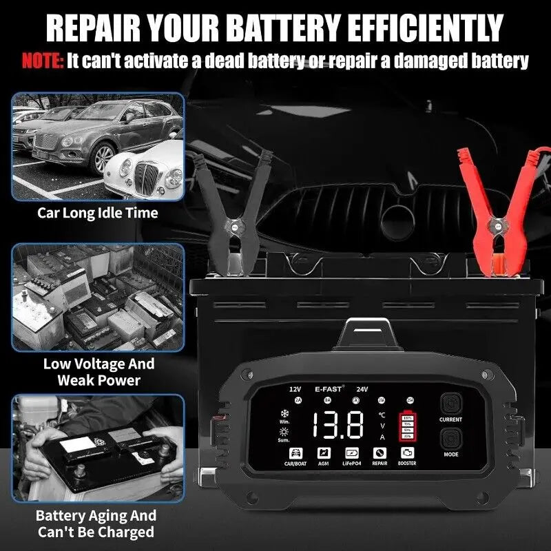 Smart 25A Car Battery Charger 12V/24V Trickle Maintainer for Auto Boat RV Truck