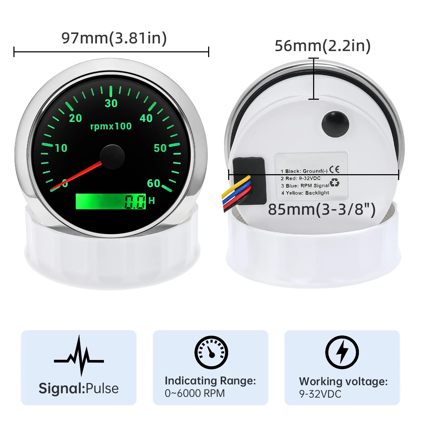 85MM Digital Tachometer 3000-8000 RPM | 7-Color Backlight LCD for Boat Car Marine RV detail view