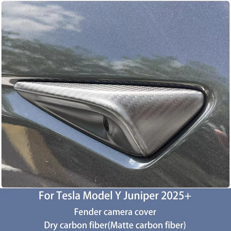For New Tesla Model Y Juniper 2025+ ABS Carbon Pattern Side Camera Cover | Protective close-up view