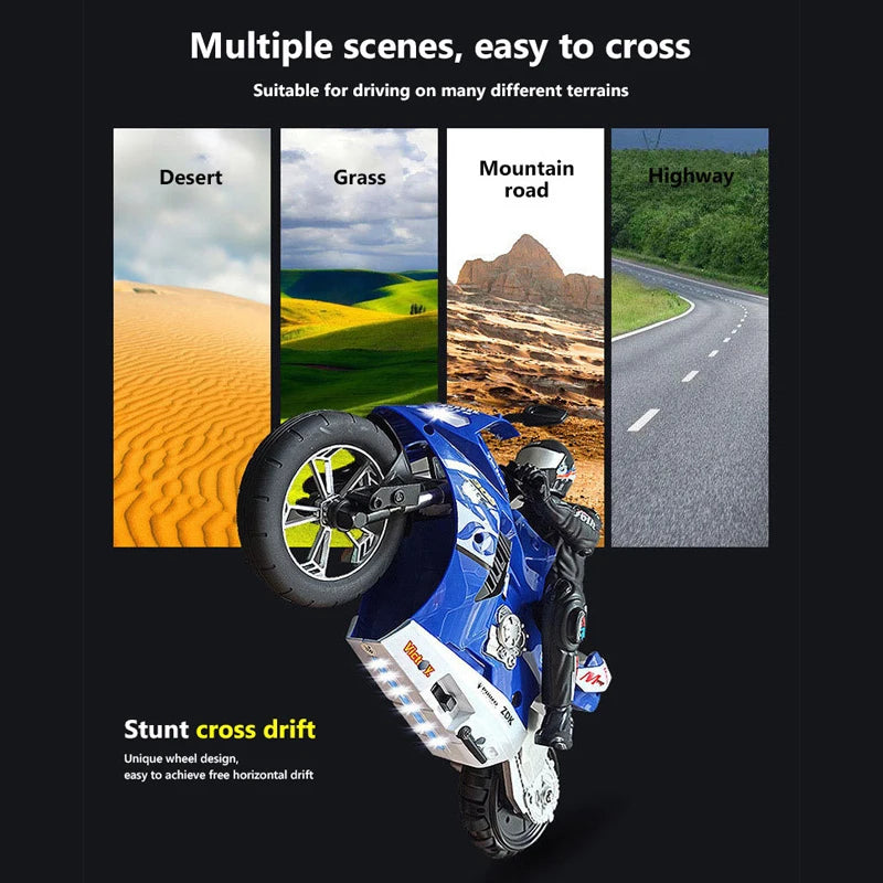 RC Motorcycle 1:10 Electric RC Drift Motorcycle with 4CH Remote Control close-up view