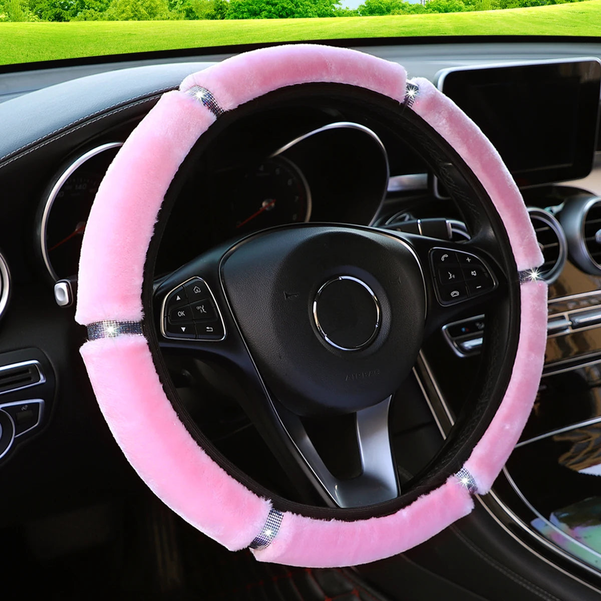 Shiny Leather Car Steering Wheel Cover Suitable for 14.5 - 15 Inch Car Interior Acces lifestyle view