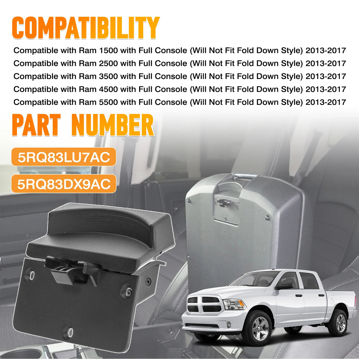Lower Armrest Lid Latch for Dodge Ram 1500 2500 3500 4500 5500 2013-2017 Full Console Center Box Lock 5RQ83LU7AC 5RQ83DX9AC