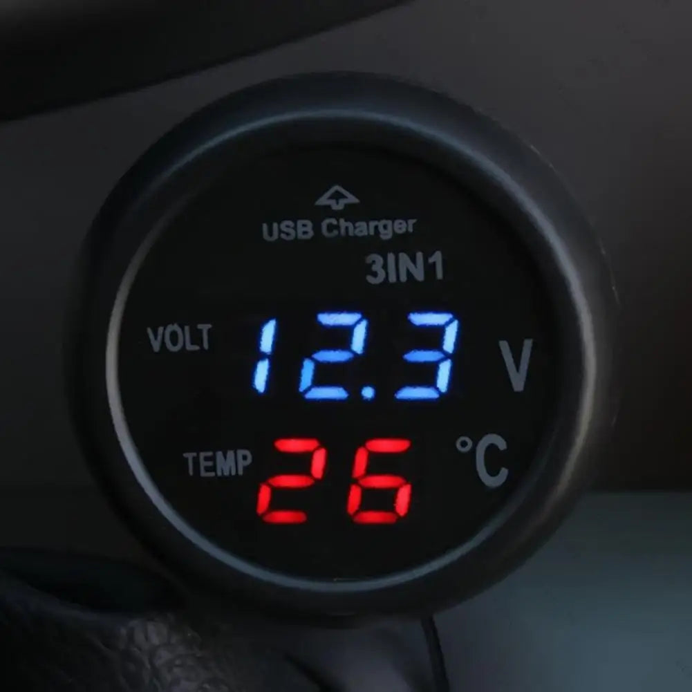 3 in 1 Car LED Digital Voltmeter Gauge Thermometer USB Charger | 12V/24V Dual USB Port M detail view