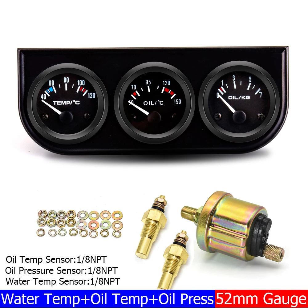 2" 52MM Triple Gauge 3 In 1 Water Temp Oil Pressure Oil Temperature Gauge | Racing Ca alternate view