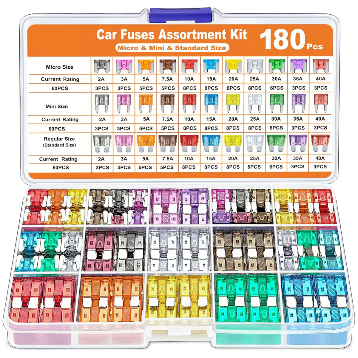 180Pcs Car Fuses Assorted Kit, 60 Mini Blade Car Fuse +60 Standard Fuse Automotive +60 Micro Fuse +