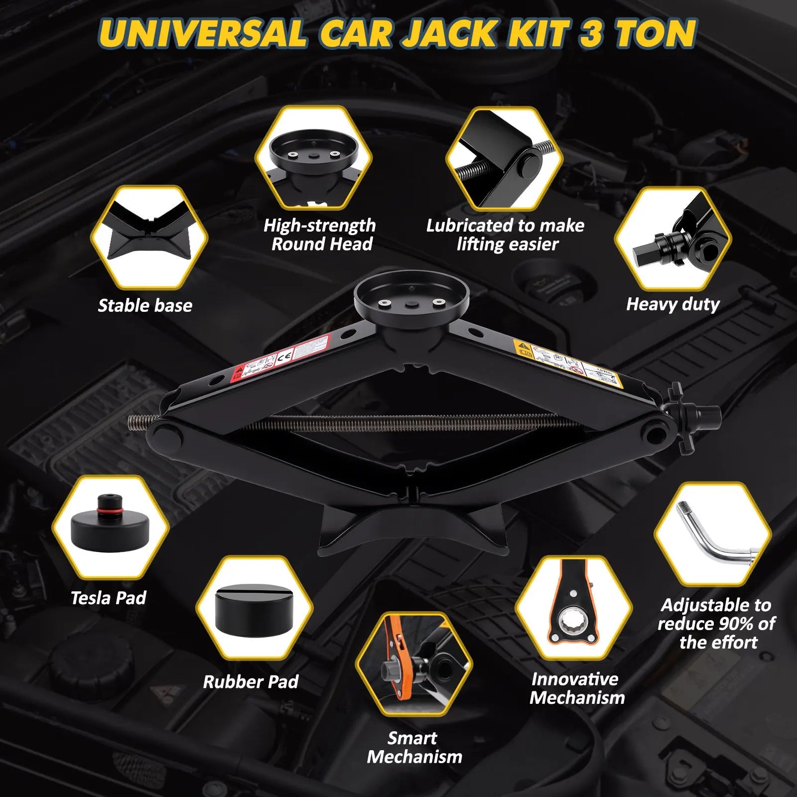 3T Car Scissor Jack Kits Emergency Crank Lift Stand Labor-Saving Repair Tire Replacement detail view