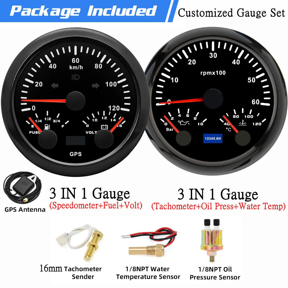 Custom 2 Gauges Set With Sensors Kit | 85mm 3-in-1 GPS Speedometer, Fuel, Tachomete additional angle